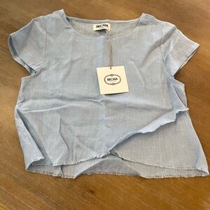 Becasa Light Blue Linen Blend Short Sleeve Top